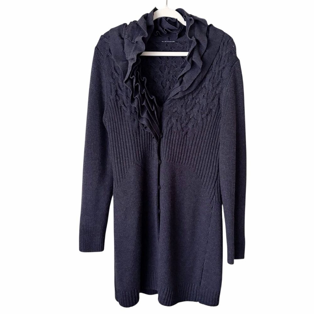 Elie Tahari | 100% Merino Wool Knit Sweater Button Front Charcoal Gray Small